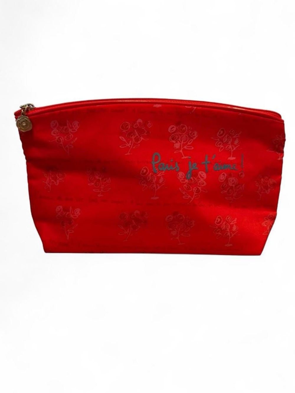 Lancome Red Cosmetic Zip-Up Pouch with Blue Lining and Designs